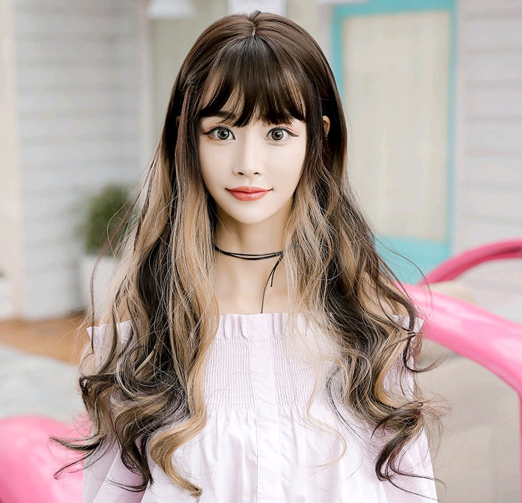 Ms. Multicolor Gradient Fashion Big Wave Long Curly Hair Air Liu Hai Chemical Fiber Wig Headgear