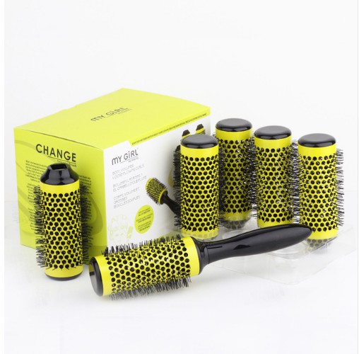 Professional Hair Dressing Brushes High Temperature Resistant Ceramic Iron Round Comb Beauty Hair Makeup Tool 50mm 6pcs/set Yellow