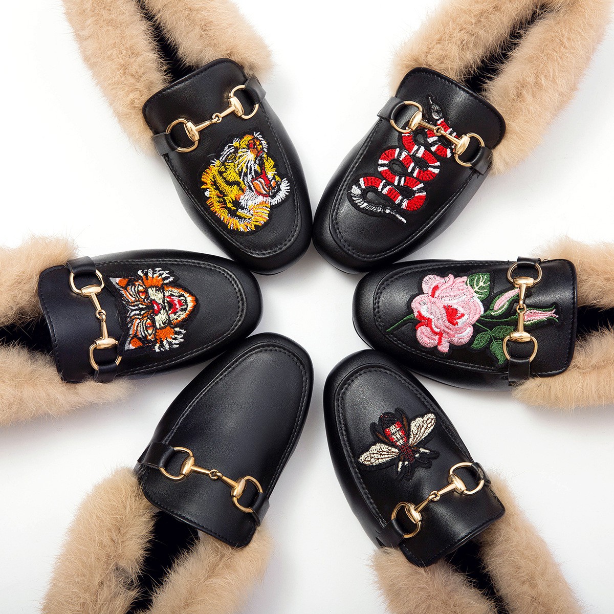 Female animal embroidered flat-heeled fur shoes